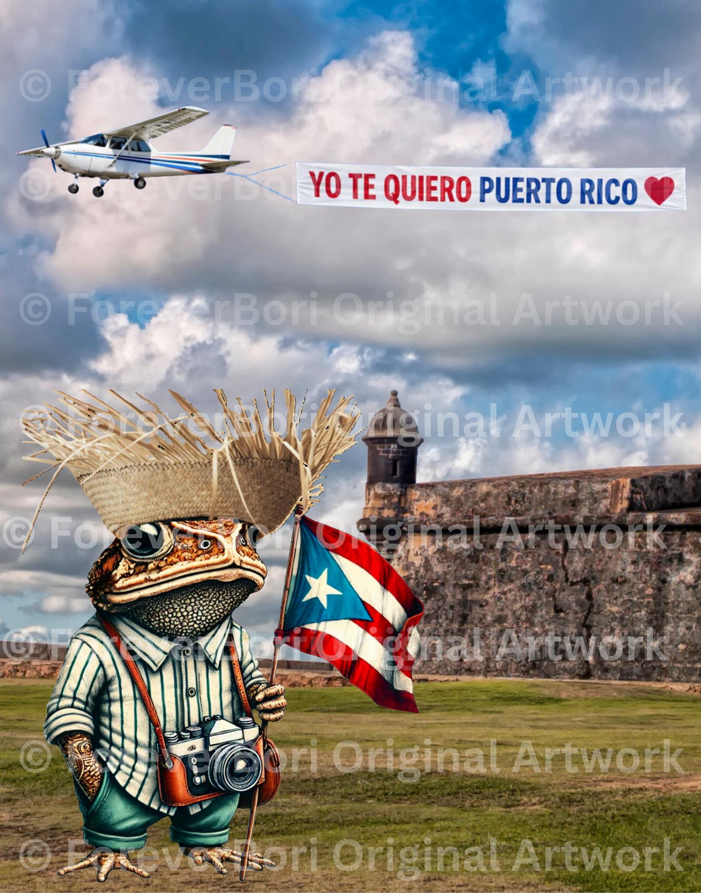Puerto Rico Canvas Wall Art 16x20 – Sapo Concho en El Morro con Bandera de Puerto Rico | Yo Te Quiero Puerto Rico