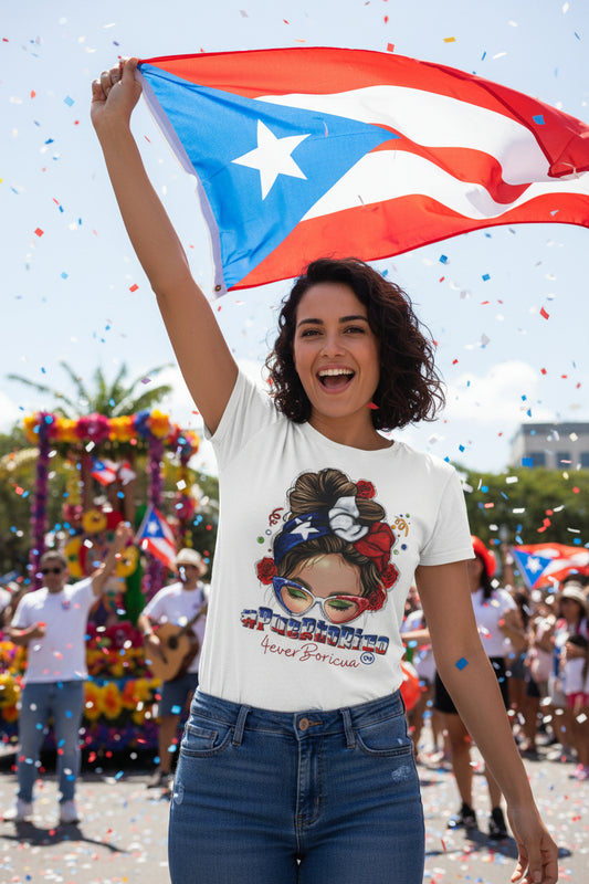 CAMISETAS PR #PUERTO RICO WITH PUERTO RICAN WOMAN T-SHIRT|4EVERBORICUA
