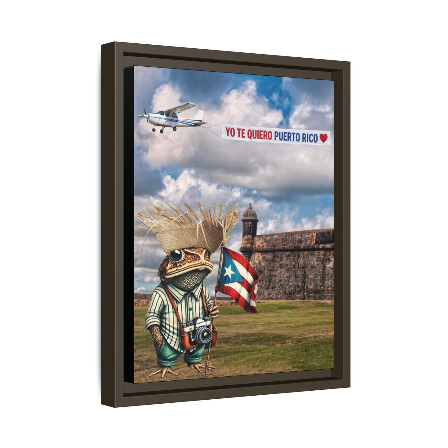 Puerto Rico Canvas Enmarcado 11x14 – Sapo Concho en El Morro con Bandera de Puerto Rico | Yo Te Quiero Puerto Rico
