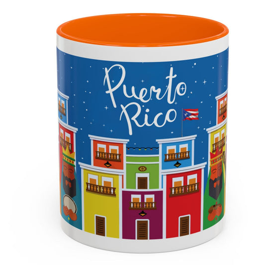 TAZA DE LOS TRES REYES MAGOS EN LA CIUDAD DE SAN JUAN PUERTO RICO. COLORIDA. ASA Y FONDO ORANGE. THREE KINGS MUGS.
