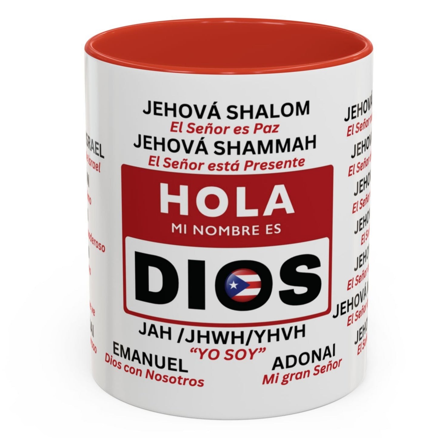 TAZA DE PUERTO RICO CON LOS 21 NOMBRES DE DIOS. INTERIOR Y ASA ROJA