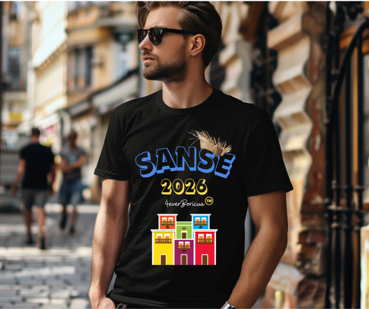 CAMISETA UNISEX NEGRA FIESTAS DE LA SANSE 2023 CON PAVA Y CASITAS DEL IEJO SAN JUAN