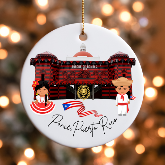 Adorno Navideño de Cerámica Ponce Puerto Rico Parque de Bombas con Jibaritos y León