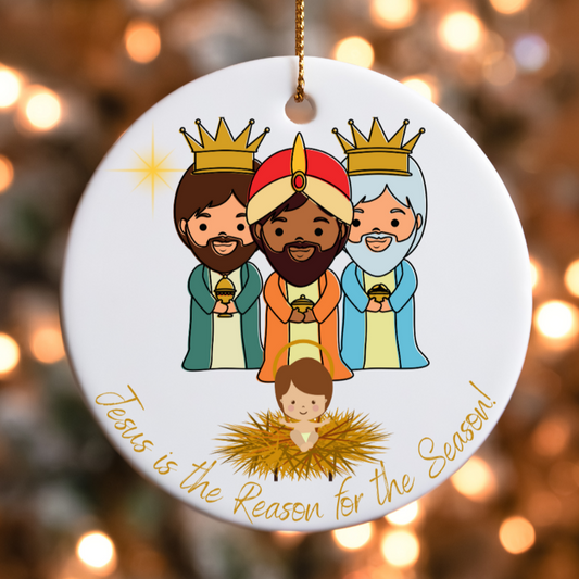 Adorno de cerámica Tres Reyes Magos con Niño Jesús y mensaje Jesus Is the Reason for the Season – 4everBoricua