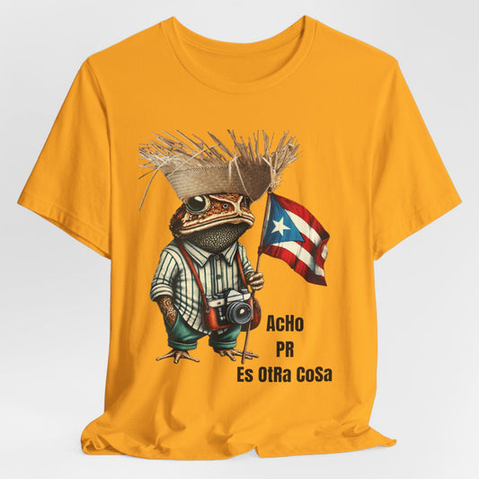 acho pr pe erre es otra cosa camiseta color gold con el sapo concho y la bandera de puerto rico foreverbori 4everboricua