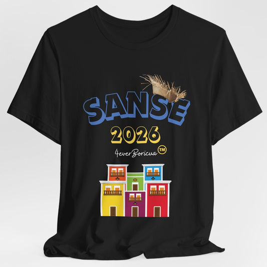 CAMISETA UNISEX NEGRA FIESTAS DE LA SANSE 2023 CON PAVA Y CASITAS DEL IEJO SAN JUAN