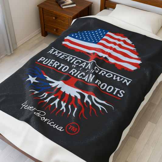 50x60 American Grown with Puerto Rican Roots Throw Blanket – Manta Patriótica para Boricuas en la Diáspora | 4EVERBORICUA