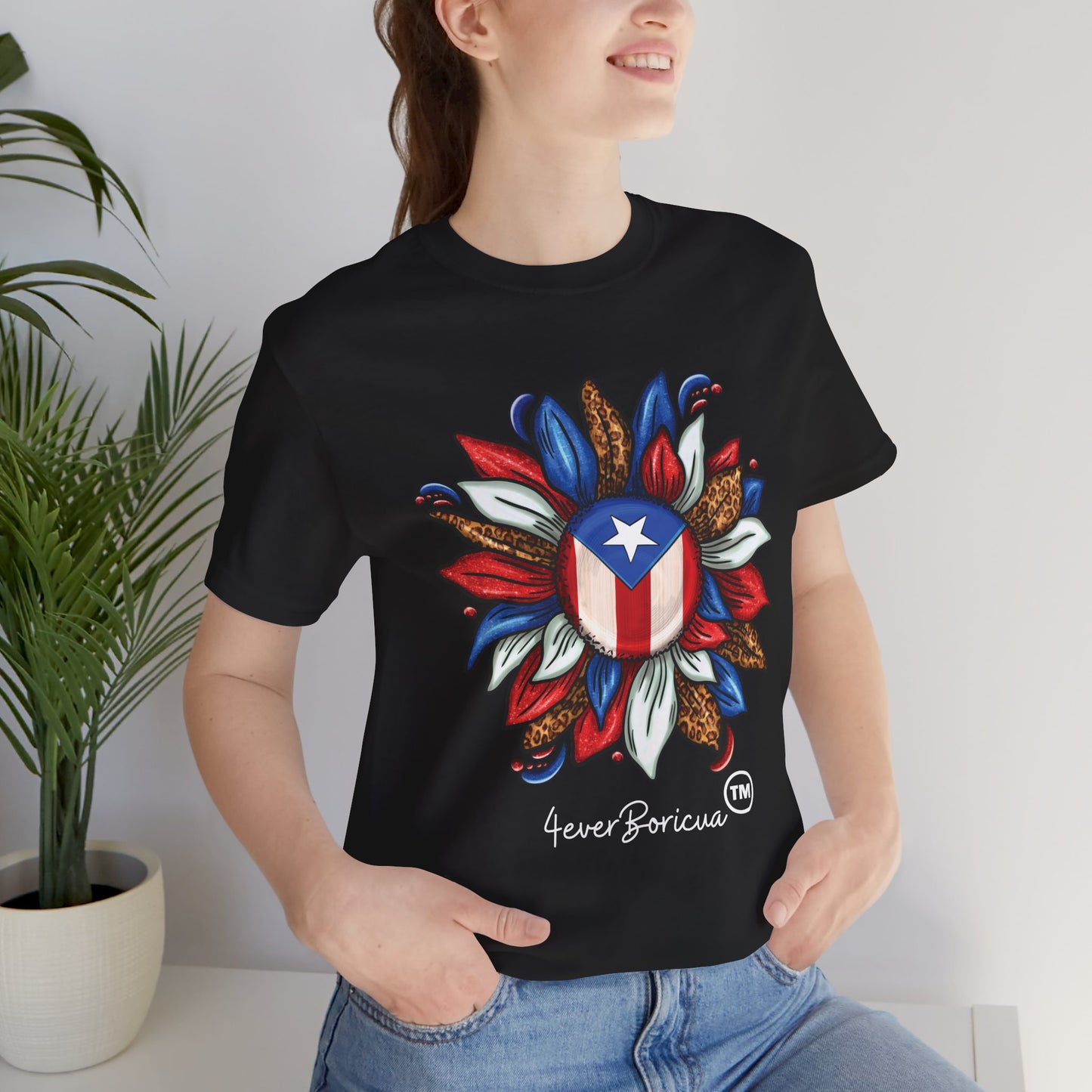 CAMISETA PR UNISEX PUERTO RICAN BLOOMING FLAG T-SHIRT Black | 4EVERBORICUA
