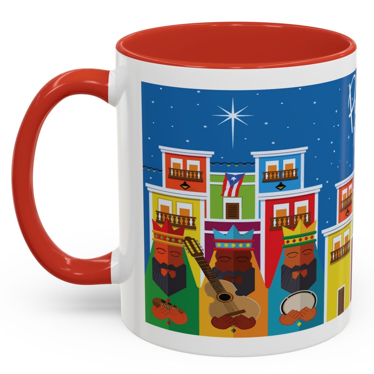 TAZA DE LOS TRES REYES MAGOS EN LA CIUDAD DE SAN JUAN PUERTO RICO. COLORIDA. ASA Y FONDO ROJO. THREE KINGS MUGS.