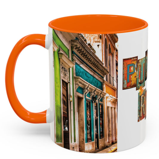 Taza dice PUERTO RICO CON LETRAS VINTAGE y hermosas imágenes de una calle del viejo San Juan a cada lado. Asa e Interior color anaranjado