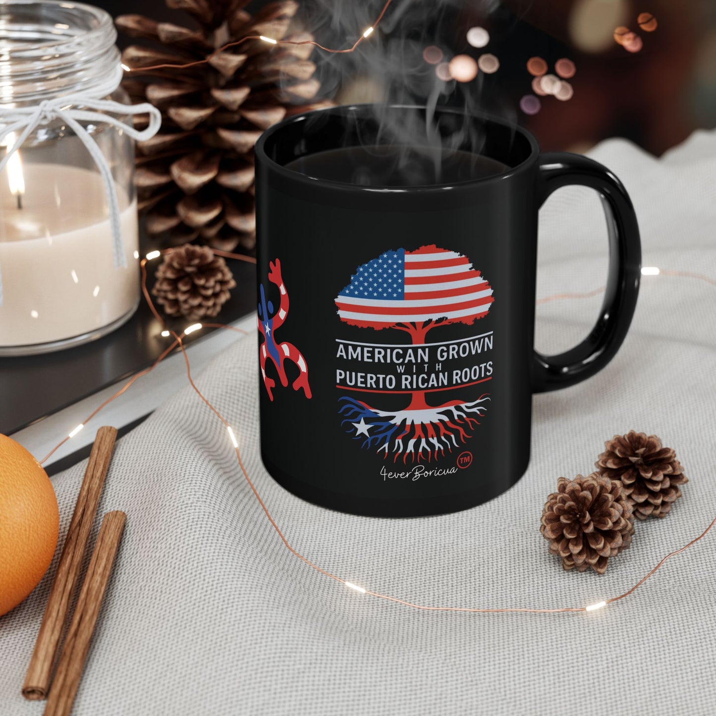 Taza “American Grown with Puerto Rican Roots” | Orgullo Boricua 🇵🇷 | 11oz Cerámica Negra – 4everBoricua