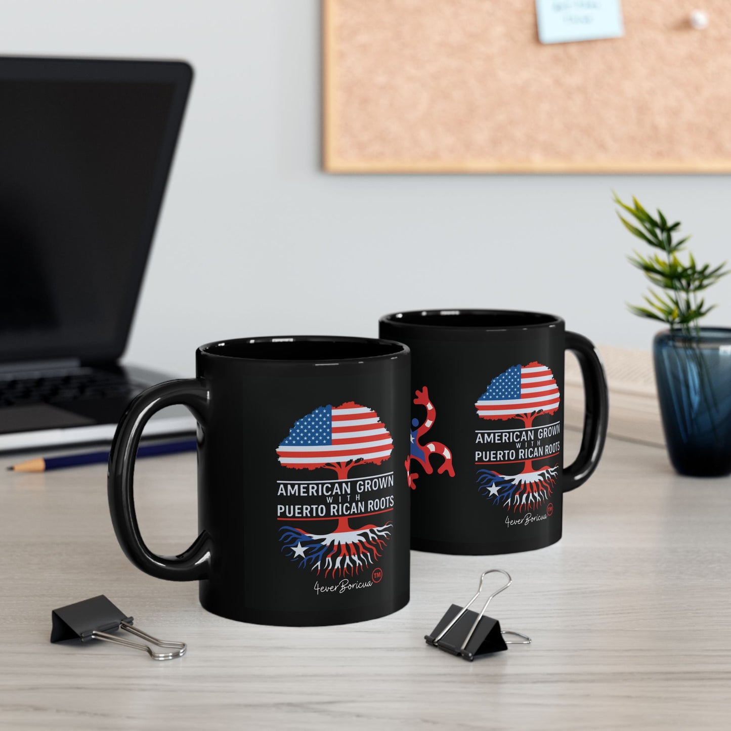 Taza “American Grown with Puerto Rican Roots” | Orgullo Boricua 🇵🇷 | 11oz Cerámica Negra – 4everBoricua