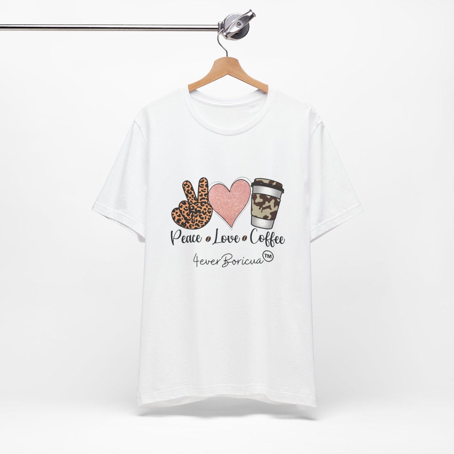CAMISETA PR UNISEX PEACE, LOVE AND COFFEE T-SHIRT | 4EVERBORICUA