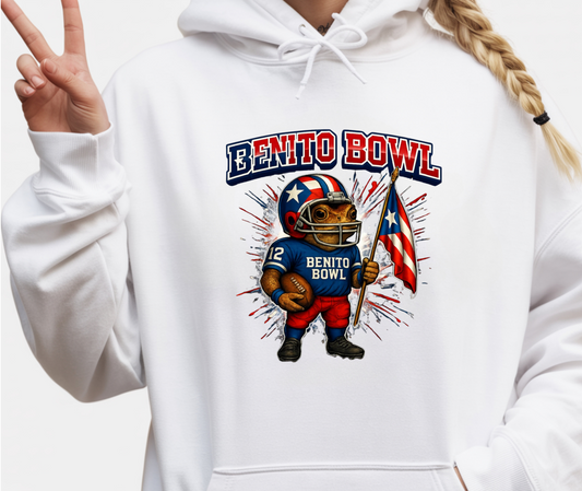 Hoodie BENITO BOWL 2026 Puerto Rico con Sapo Concho y bandera puertorriqueña diseño 4everBoricua. Blanco. Unisex.