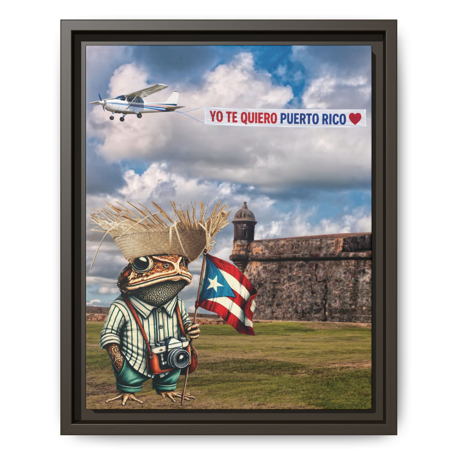 arte Puerto Rico enmarcado Sapo Concho en el Morro con Bandera Yo Te Quiero Puerto Rico