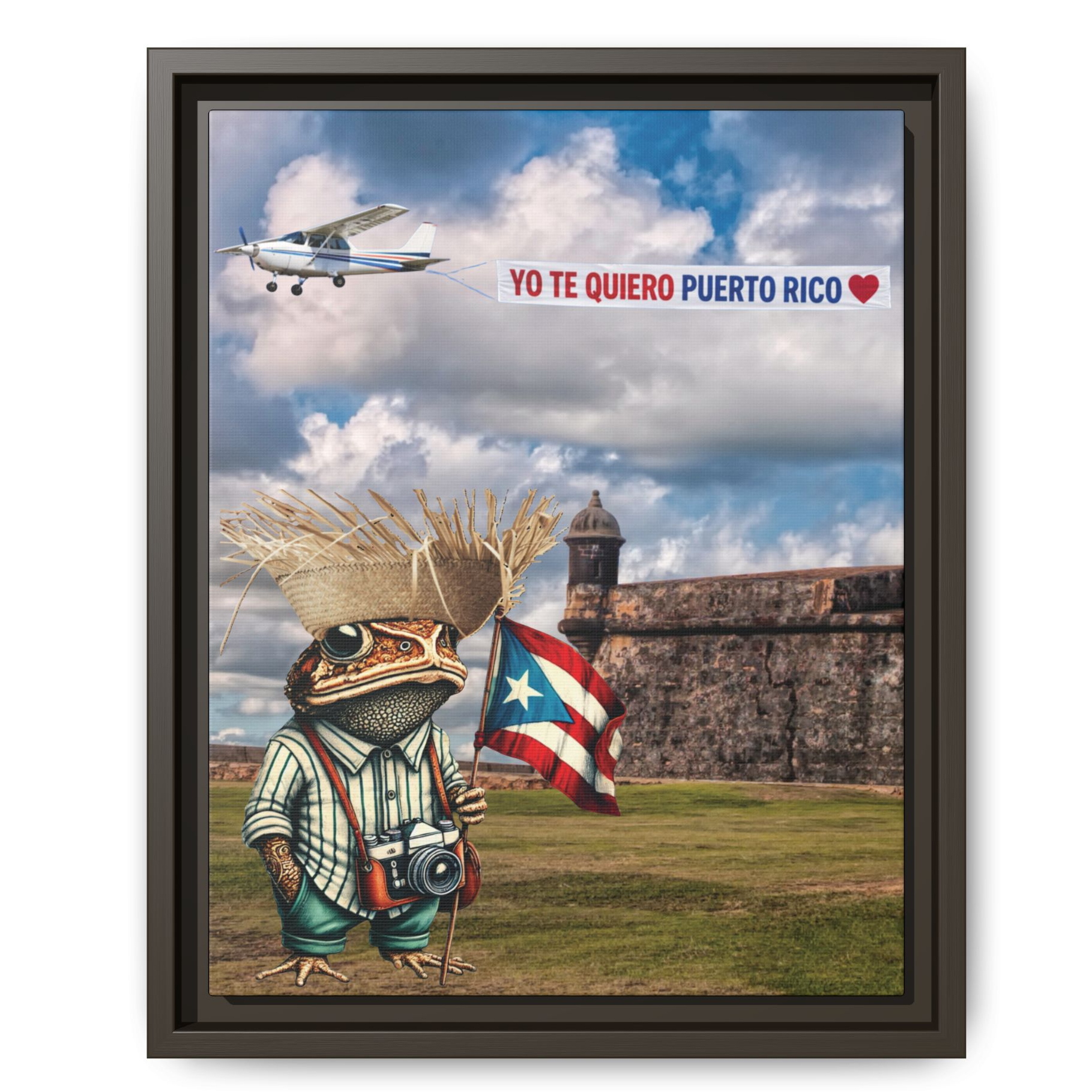 arte Puerto Rico enmarcado Sapo Concho en el Morro con Bandera Yo Te Quiero Puerto Rico