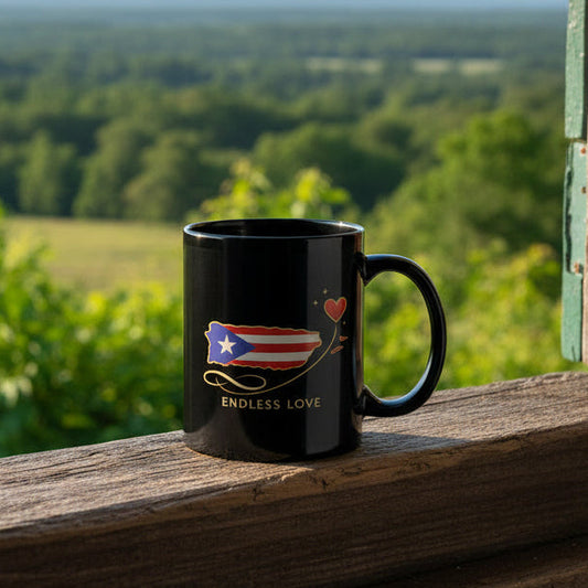 BLACK MUG PUERTO RICAN FLAG ISALND HEART