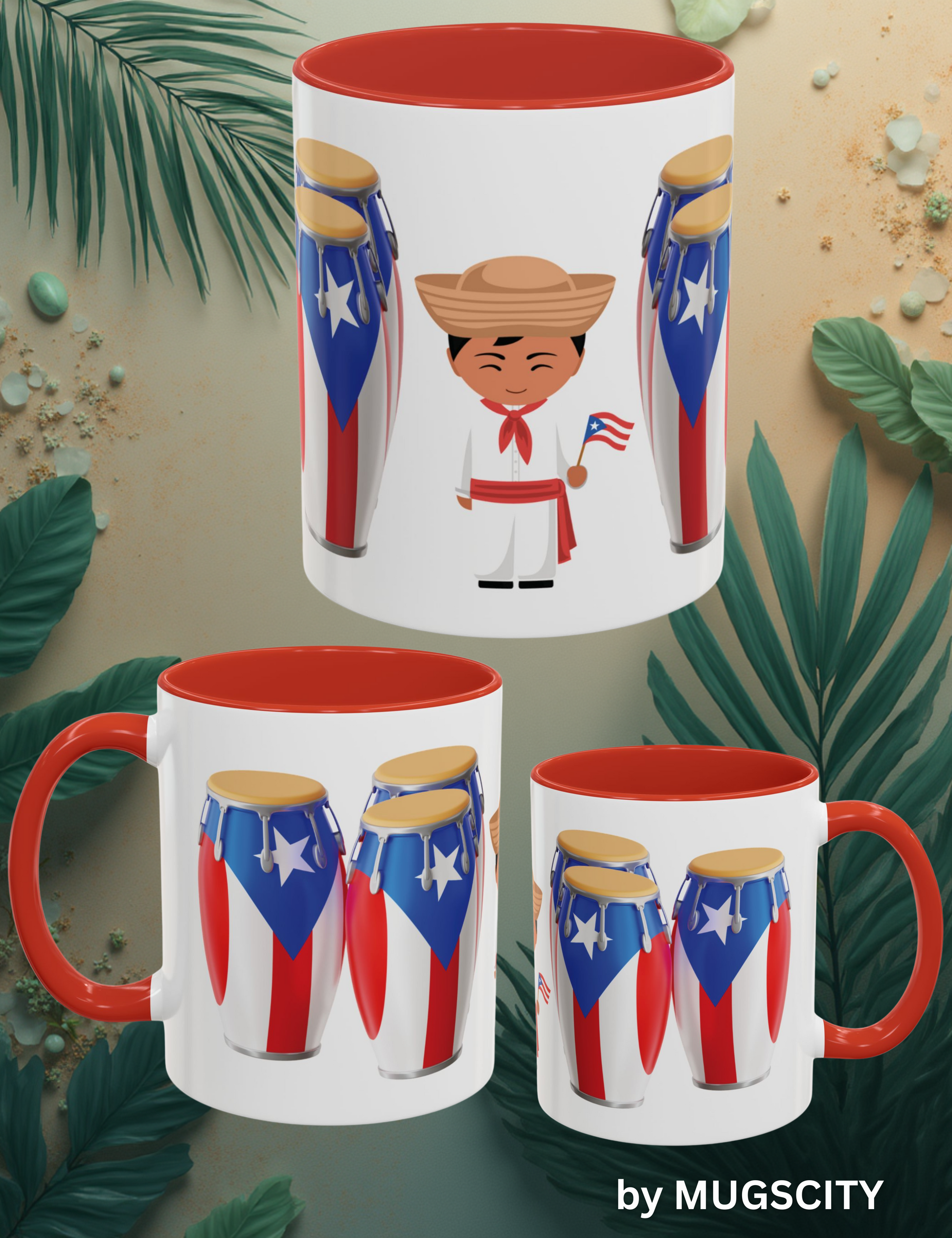 PUERTO RICO CONGAS AND JIBARITO WITH PUERTO RICAN FLAG MUG TAZA 