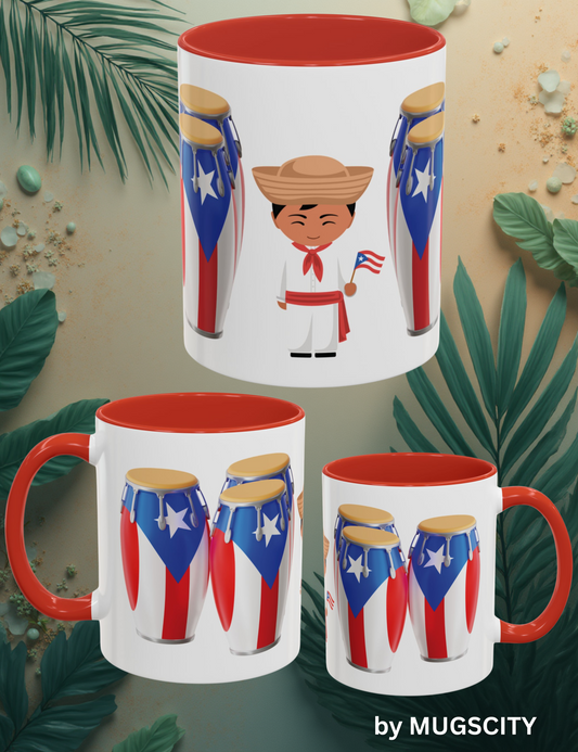 PUERTO RICO CONGAS AND JIBARITO WITH PUERTO RICAN FLAG MUG TAZA 