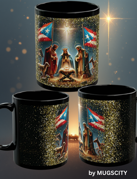 Taza Tres Reyes Magos Navidad Nacimiento con Jesus Banderas de Puerto Rico